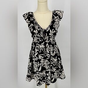 Lush black & off white floral ruffle top tie, open back mini dress